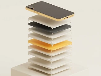 3D illustration of a smartphone above separated application layers.