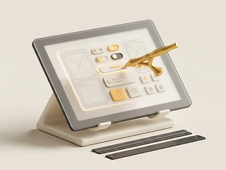 3D illustration of a drafting tablet, interface pieces, and design pointer.