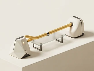 3D illustration of data terminals connected by a golden conduit.