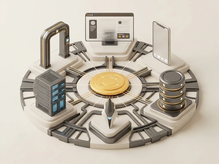 3D illustration of six technology service modules arranged around a golden hub.