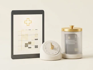 3D illustration of a healthcare tablet, appointment dial, and record container.