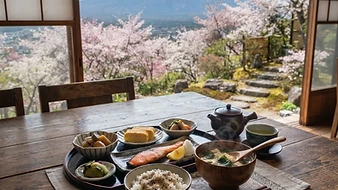 Pasto tradizionale giapponese con bacchette e il monte Fuji sullo sfondo