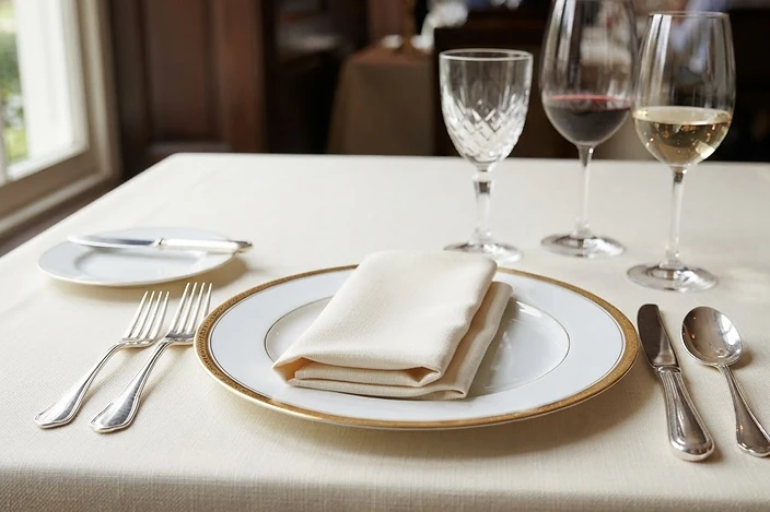 Dettaglio di una mise en place formale con tovagliolo di lino, posate e bicchieri di cristallo