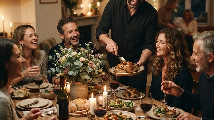 Tavola accogliente e atmosfera conviviale, con il padrone di casa che serve gli ospiti