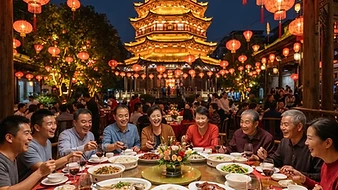 Tavola rotonda cinese con lanterne rosse e una pagoda