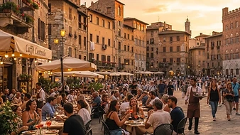 Piazza italiana con tavolini all’aperto al tramonto
