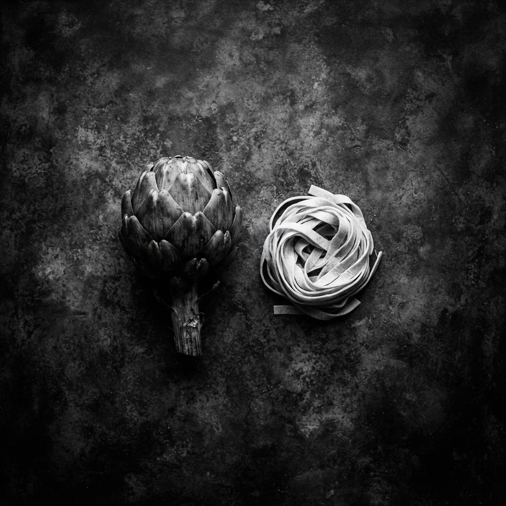 Still life: artichoke and tagliatelle