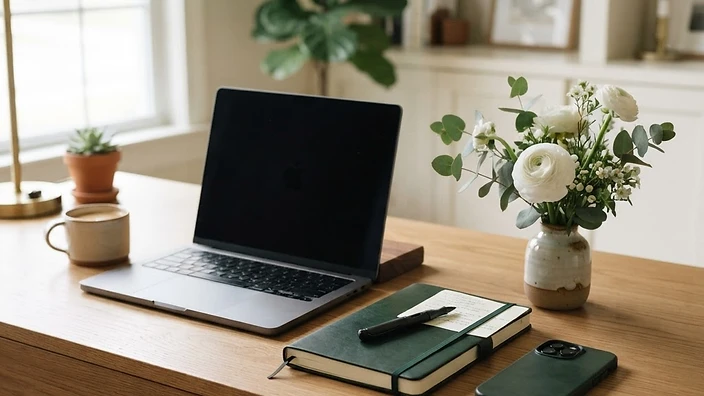 Scrivania elegante con computer, smartphone e taccuino