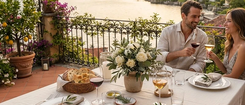 Tavola elegante in stile italiano su una terrazza sul lago, con cristalli, fiori bianchi e argenteria
