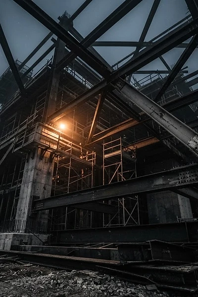 Steel construction structure at dusk