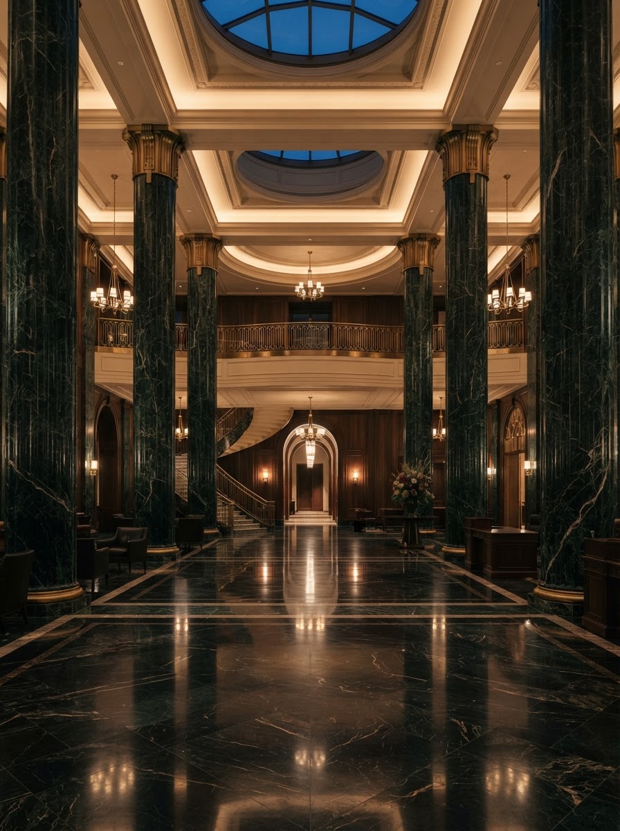 Emerald marble atrium with brass accents