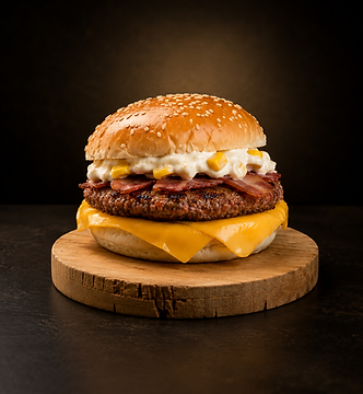 Hambúrguer ZaapFood com bacon e cheddar sobre tábua de madeira