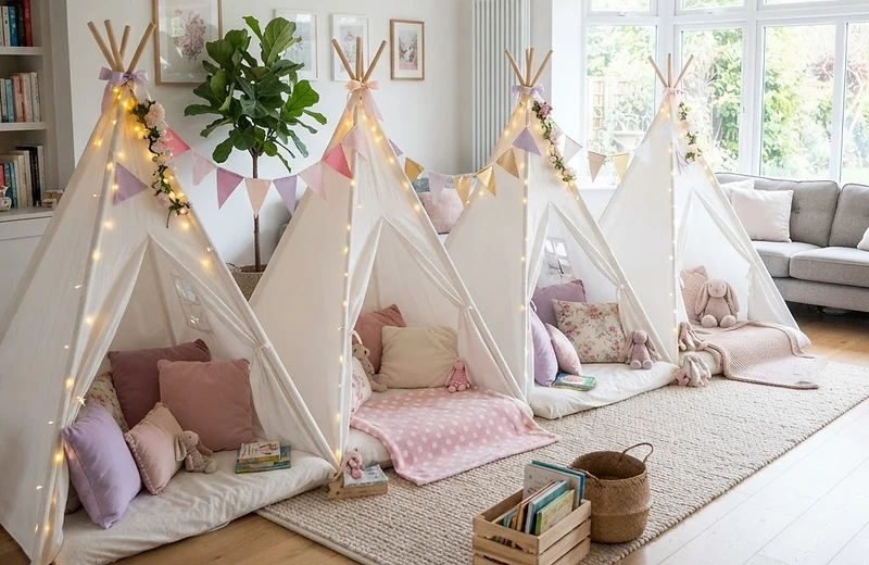 At-home spa party setup for girls with robes, mirrors, face masks and nail polish