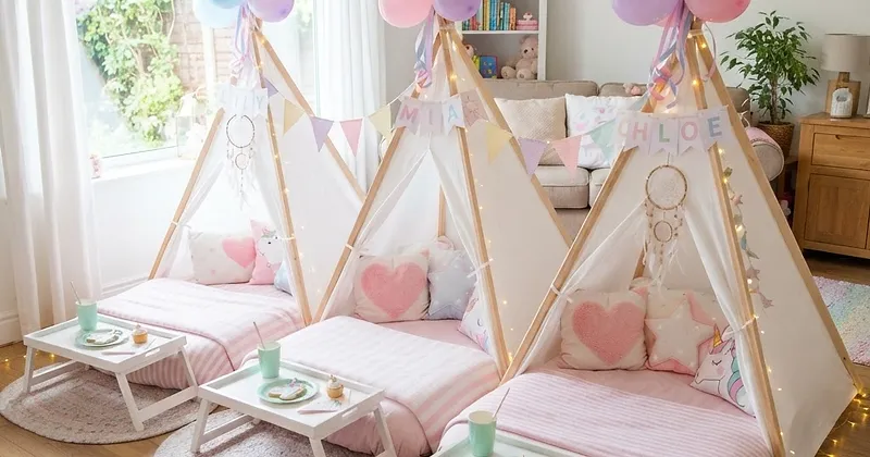 Row of white canvas teepees with fairy lights
