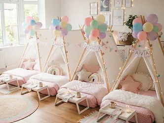 Styled teepee sleepover set up in a family home after a spa-inspired party