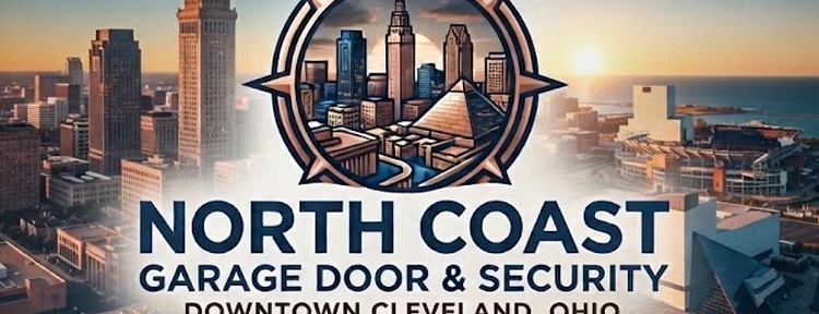 North Coast Garage Door & Security brand mark over the Cleveland skyline at sunset