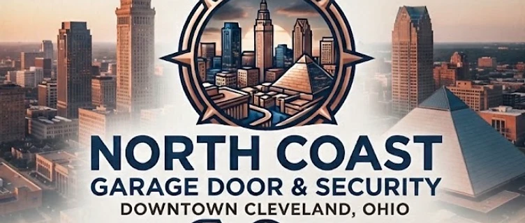 North Coast Garage Door & Security brand mark over the Cleveland skyline