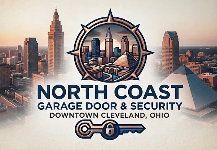 North Coast Garage Door & Security brand mark over the Cleveland skyline