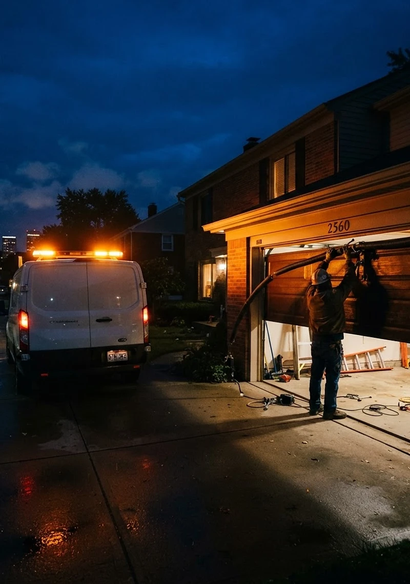 North Coast emergency garage door repair van arriving at a Cleveland home at night