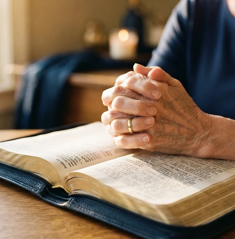 An open Bible in prayer