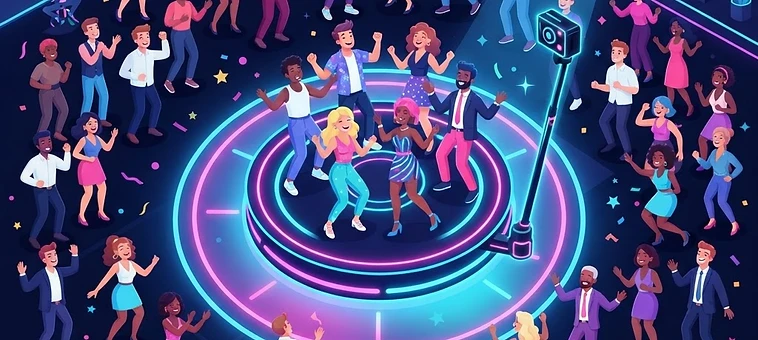Cartoon-style overhead view of the ALL THE PARTIES 360° photo booth experience