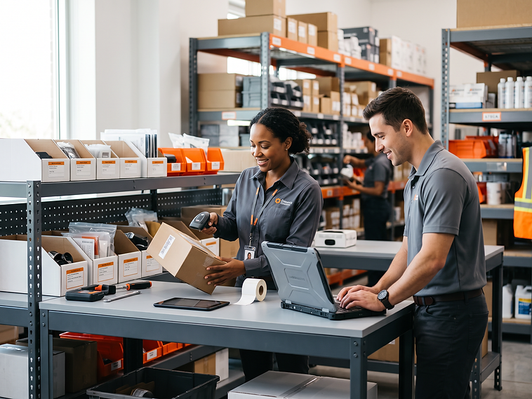 Inventory teammates scanning and coordinating stock at a warehouse workstation