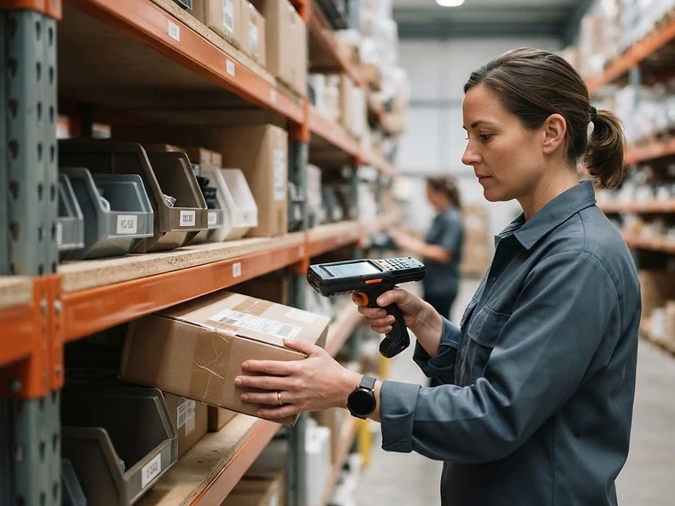 Operations manager scanning inventory in an organized stockroom
