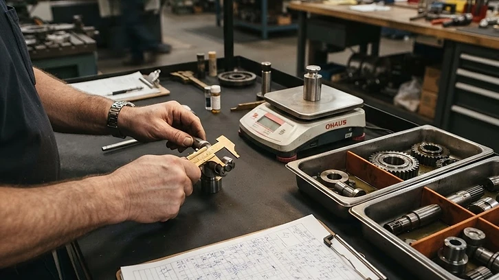 Industrial quality workbench with brass calipers, physical inventory calculation sheets, and compartmentalized mechanical parts bins under warm focused task lighting.