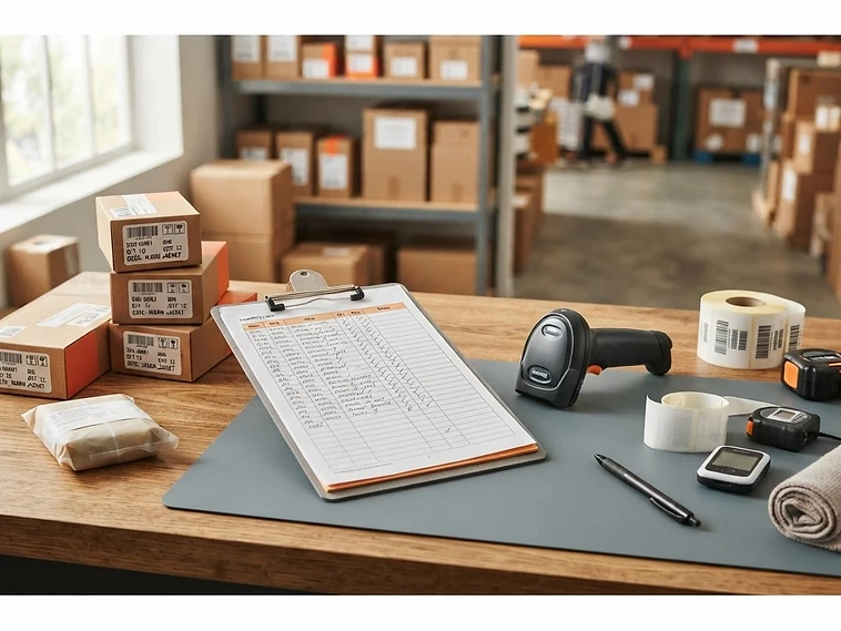 Barcode labels, scanner, and inventory count materials for practical guides
