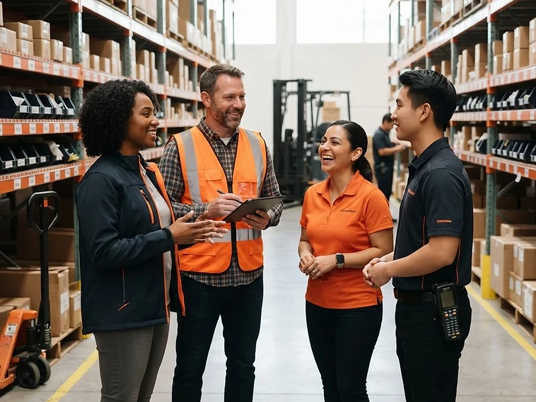 Small business operations team discussing inventory support