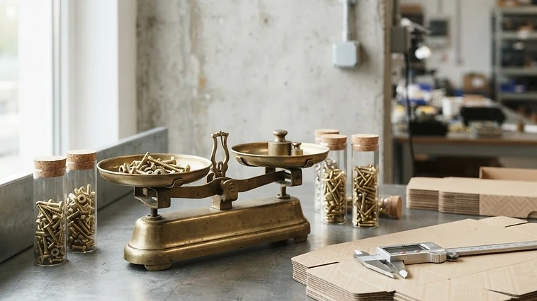 Industrial quality workbench with clear glass specimen jars of bulk metal fasteners beside branded retail packaging, labeled steel calipers, and a dual-pan balance scale.