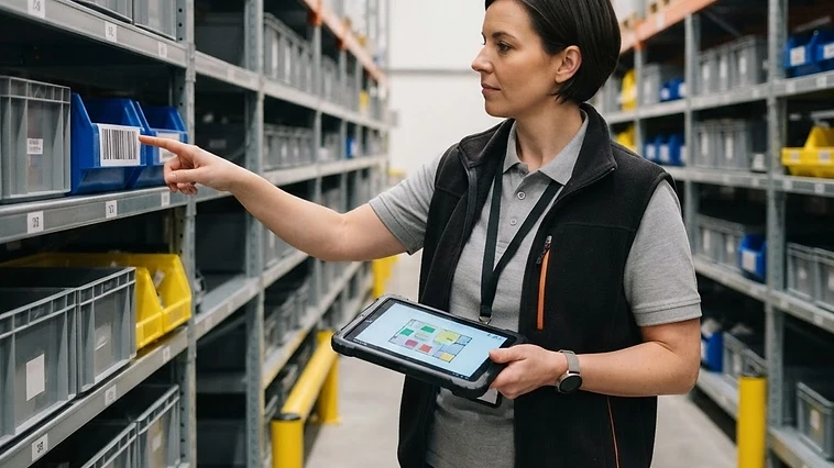 An operations manager points to a high-contrast barcode label on a metal shelving unit while holding a tablet displaying a warehouse layout map.