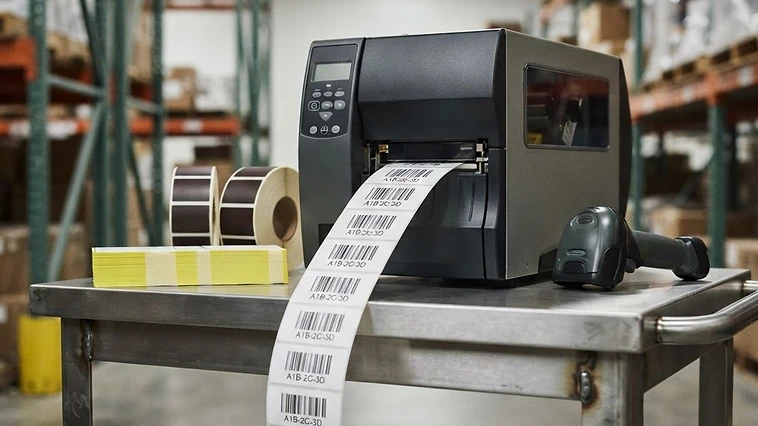 Industrial thermal transfer printer outputting high-contrast polyester bin barcode labels next to magnetic rack mounting strips on a clean metal staging cart.