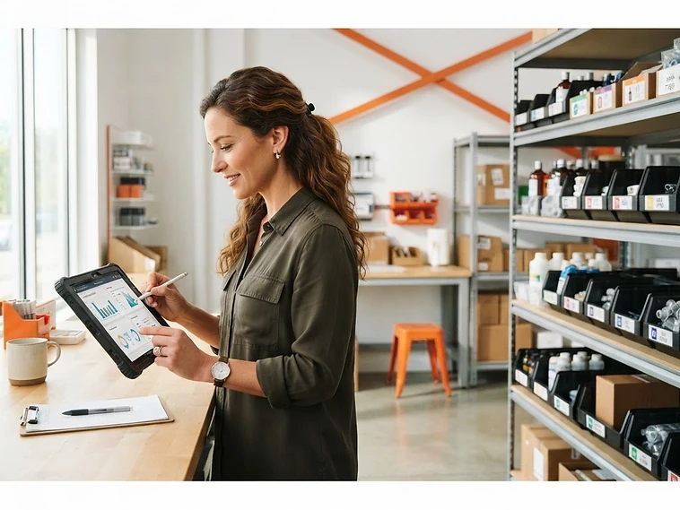 Small business operations manager reviewing inventory plan options