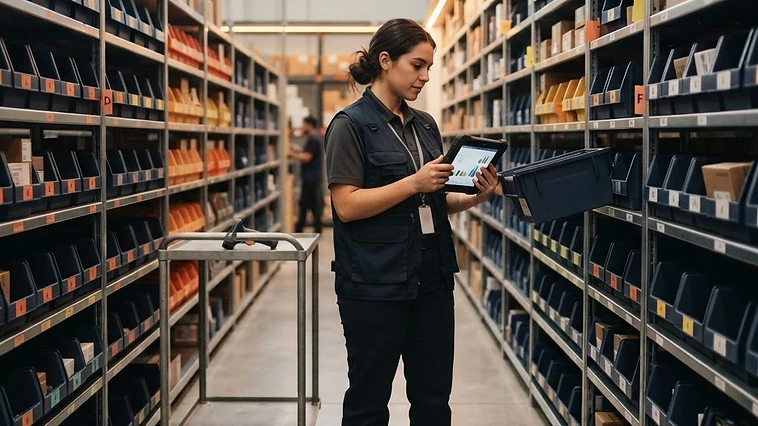 A warehouse specialist using a tablet to verify stock levels against a wall of neatly labeled, color-coded modular storage bins.