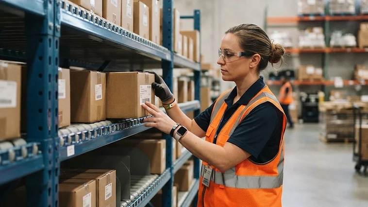 A warehouse logistics technician inspecting dated lot barcodes on industrial carton flow racks equipped with gravity rollers.