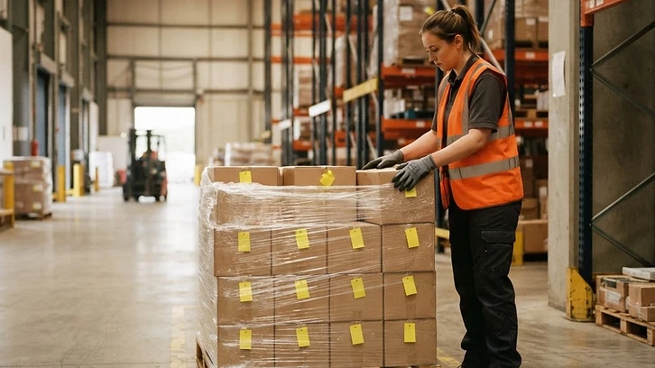 A warehouse material handler auditing an aged inventory quarantine staging bay using a clipboard and handheld data scanner beside pallet racking.