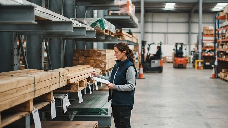 A warehouse operations lead reviewing printed discrepancy logs against physical pallet tags on high-density cantilever storage racks.