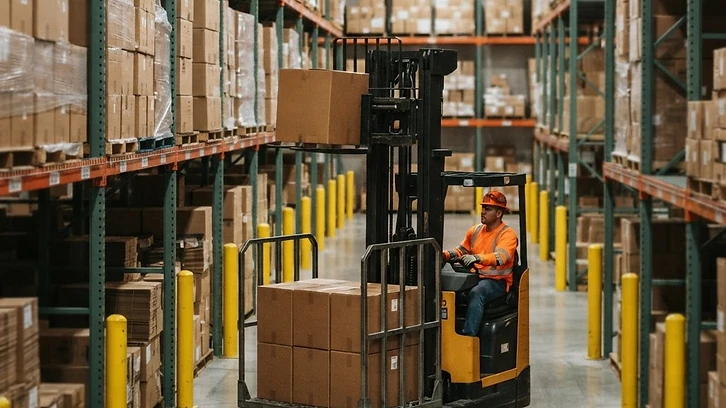 A warehouse material handler operating a narrow-aisle reach truck to lower a shrink-wrapped master carton from high reserve pallet racking onto a staging cart.
