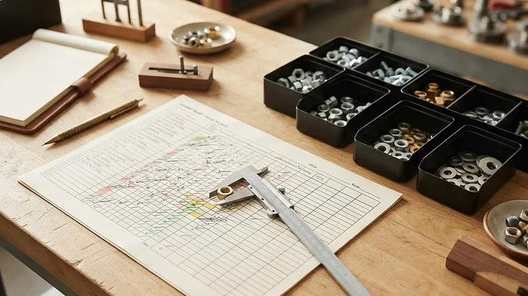Industrial quality engineer measuring component dimensions with precision vernier calipers beside organized raw material delivery bins and clipboards on a clean wooden drafting workstation.