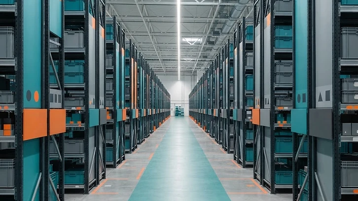 Clearly arranged shelves in an organized inventory workspace