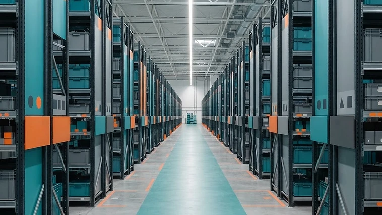 Clearly arranged shelves in an organized inventory workspace