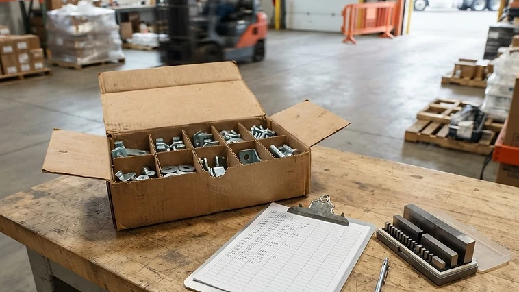 A clipboard holding printed tally comparison sheets next to open cardboard cartons of mechanical components under bright natural daylight in an open staging bay.
