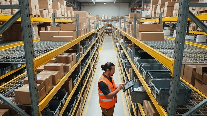 A warehouse team member using a mobile device to verify stock levels against a labeled storage rack.