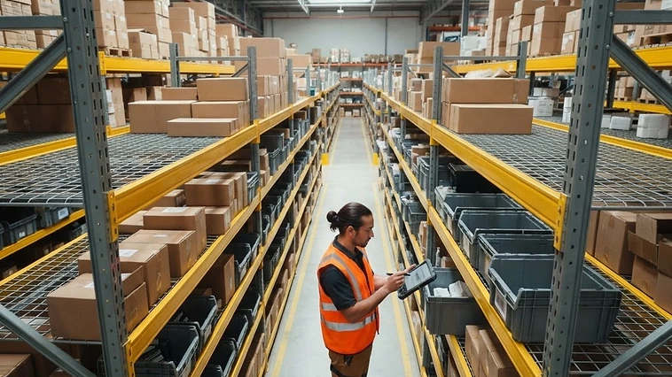 A warehouse team member using a mobile device to verify stock levels against a labeled storage rack.