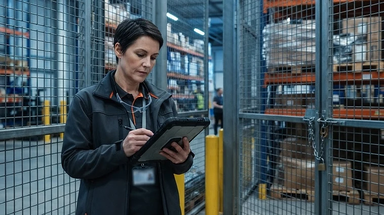 A warehouse supervisor wearing safety gear inspecting high-value electronic components stored in locked industrial wire security cages under bright LED bay lighting.