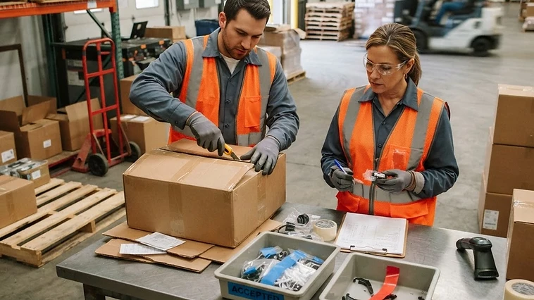 Inventory worker reviewing incoming stock and purchase information