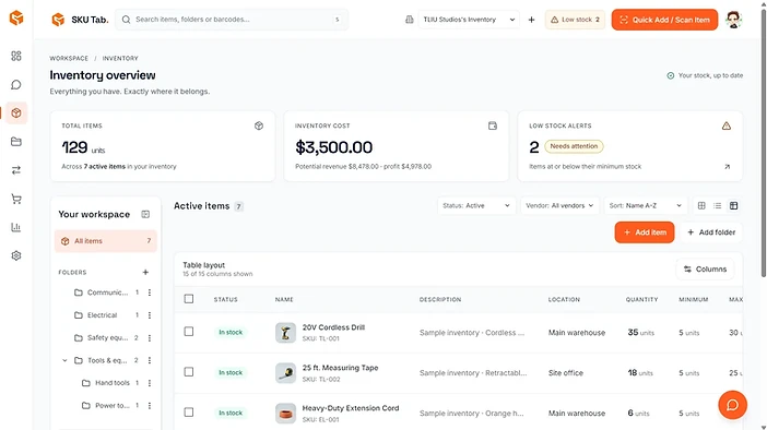 SKU Tab inventory overview showing stock metrics, folders, and active inventory items