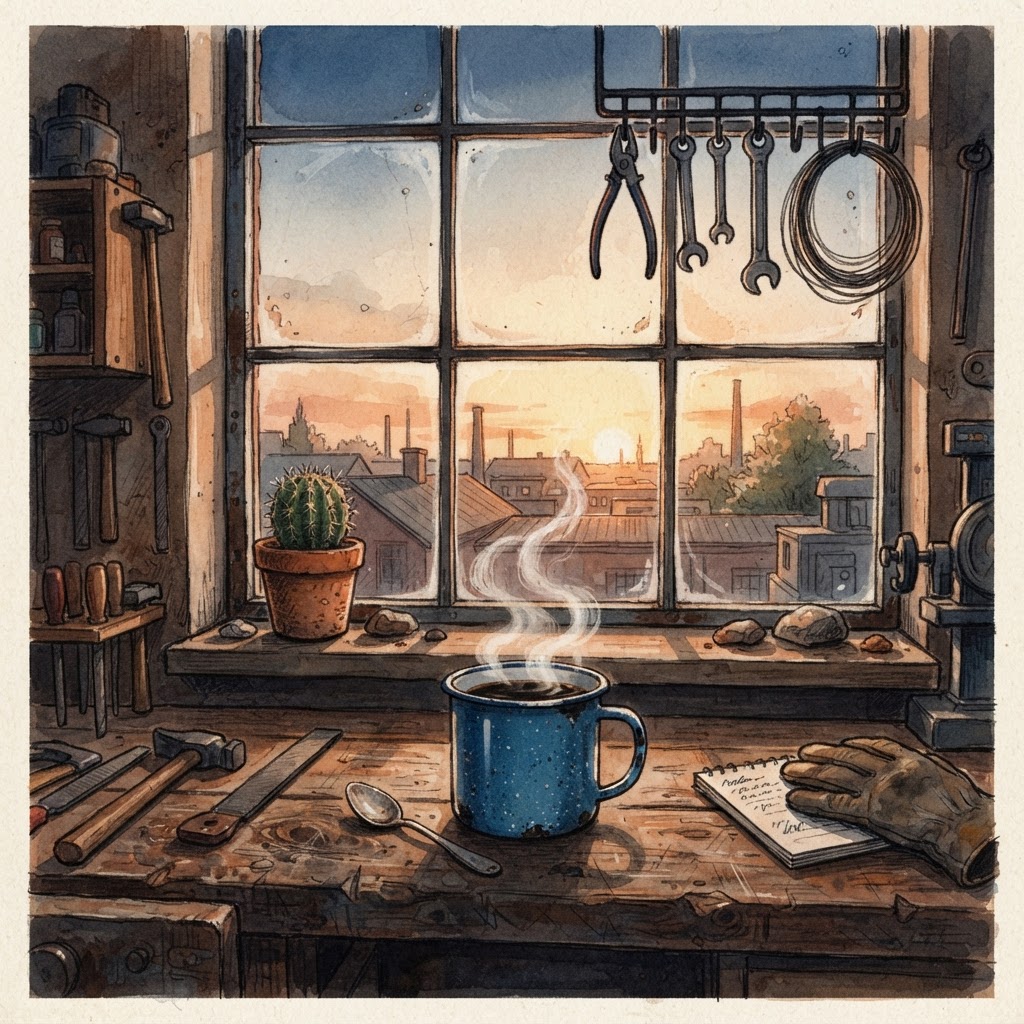 Taza de café esmaltada sobre un banco de trabajo al amanecer, ventana de fábrica con la primera luz