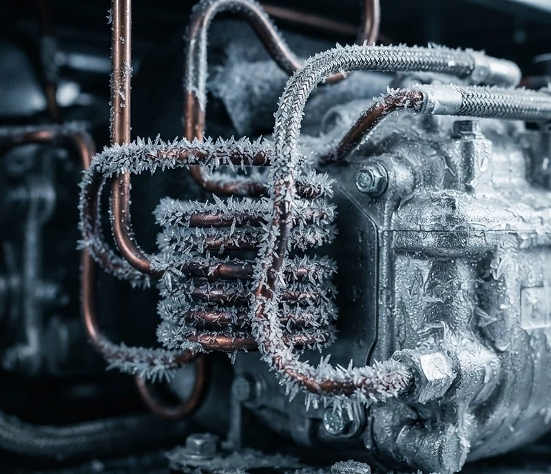 Macro of a Samsung refrigerator compressor with frost crystals